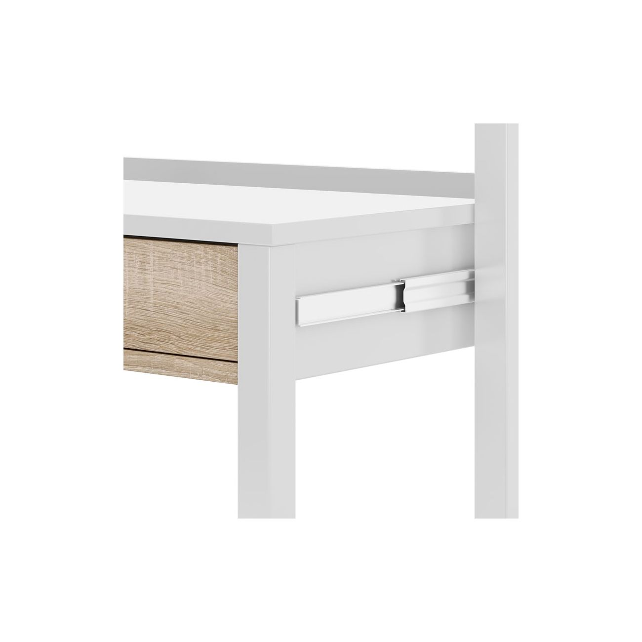 Un mueble blanco con un cajón de vetas de madera y un riel metálico.