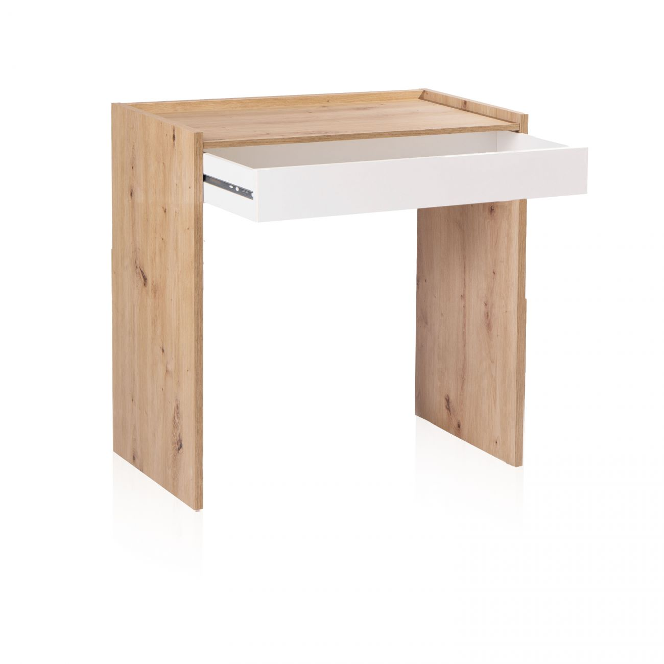 Un escritorio de madera con un cajón blanco parcialmente extraído.