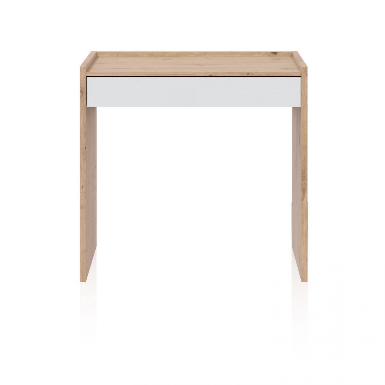 Un escritorio de madera con un cajón blanco se alza sobre un fondo blanco.
