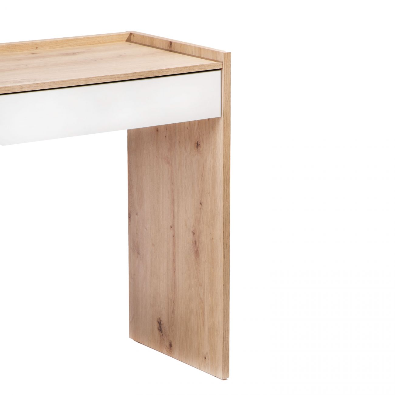 Escritorio de madera con cajón blanco y pata de madera sobre fondo blanco.