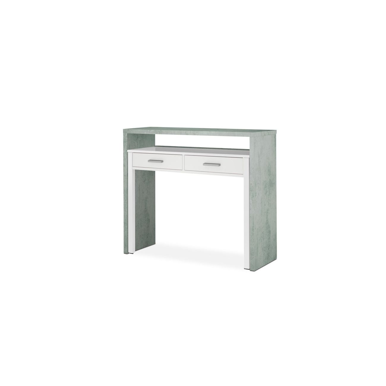 Una mesa consola delgada con dos cajones blancos y acabado de hormigón gris.