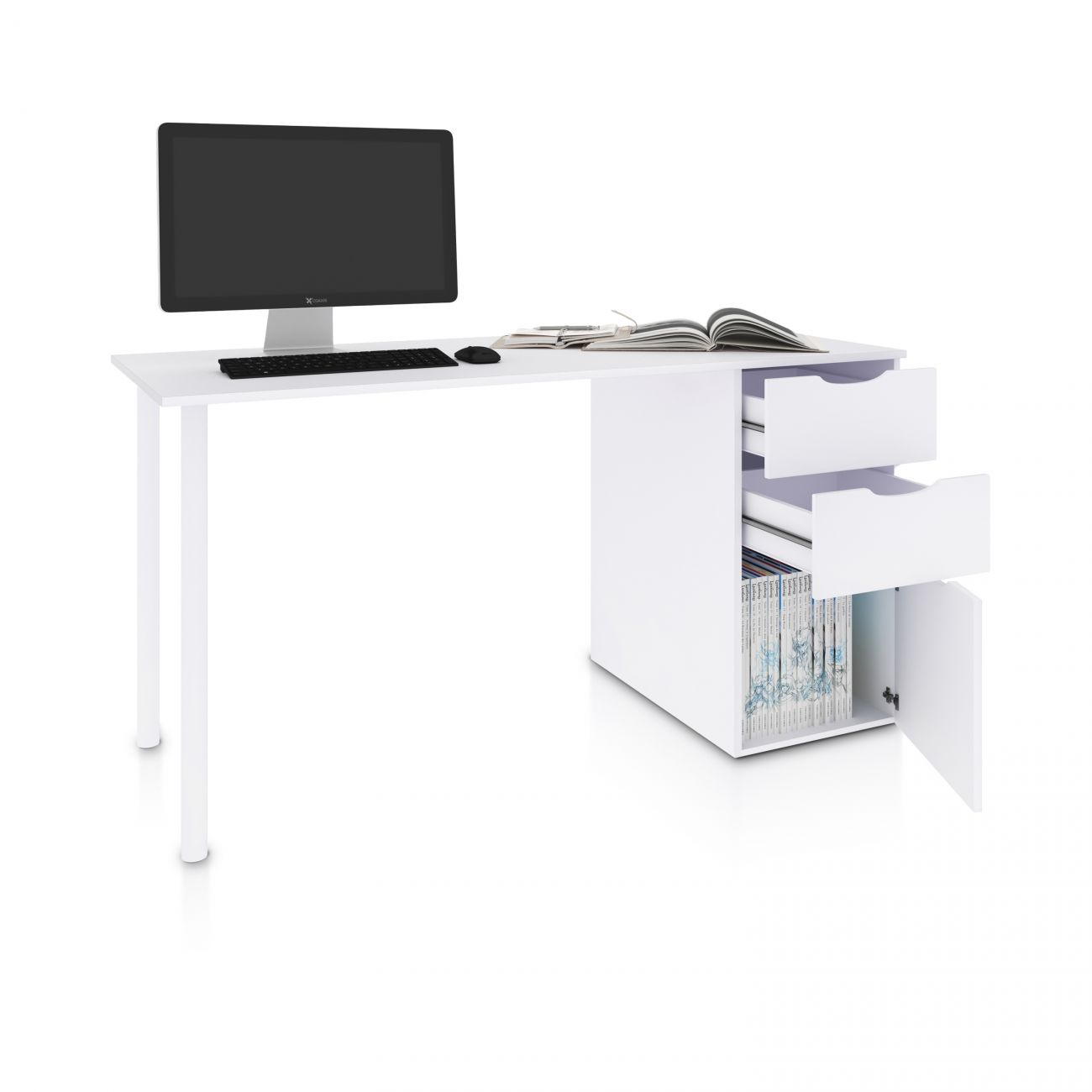 Un escritorio blanco con monitor de computadora, teclado, ratón y cajones abiertos.