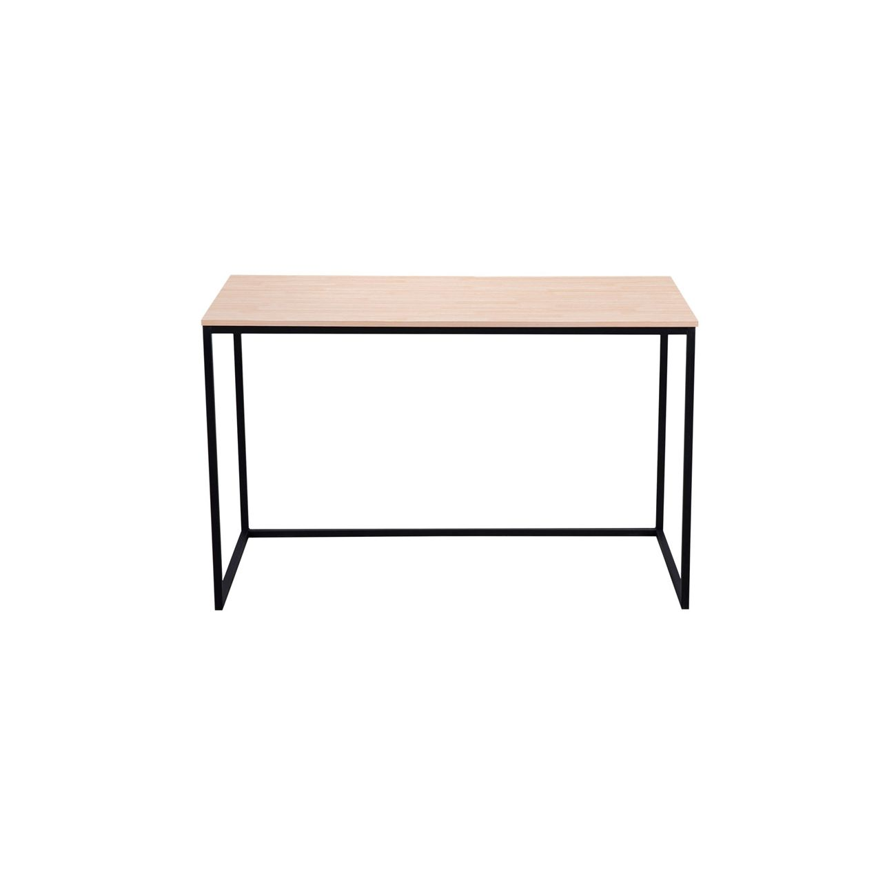 Mesa de madera clara con estructura de metal negro sobre fondo blanco.
