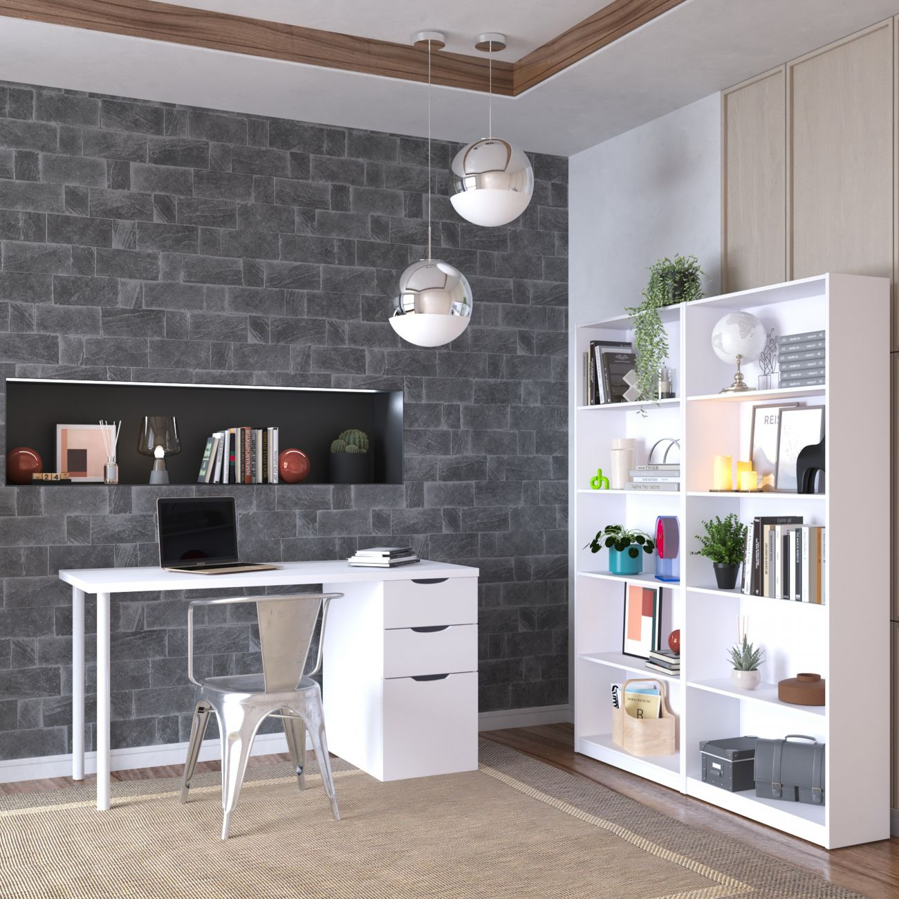 Una oficina moderna con escritorio, silla, laptop y estantería contra pared de piedra.