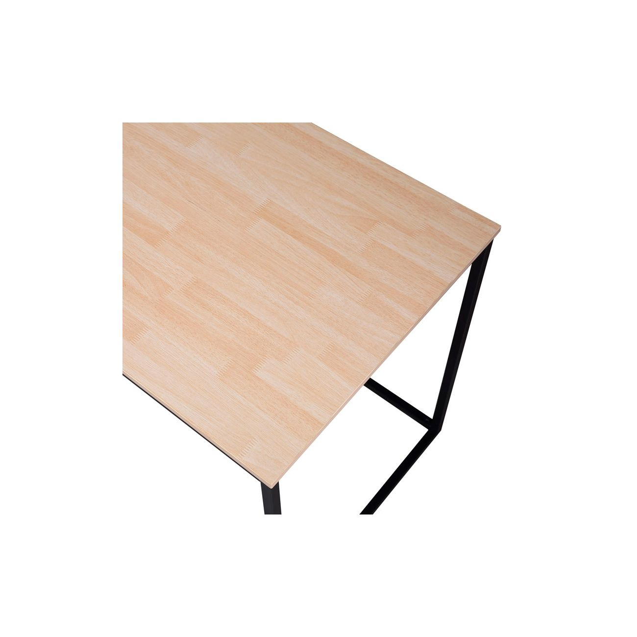 Un tablero de mesa de madera clara con patas de metal negro sobre fondo blanco.