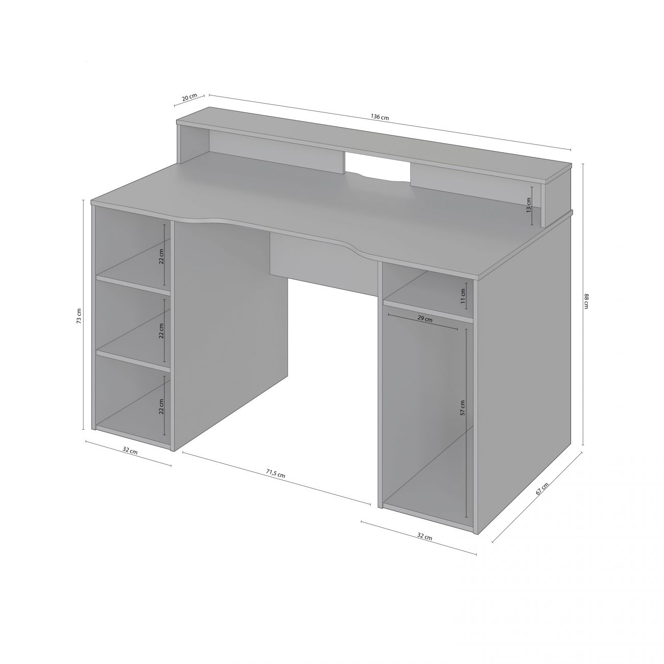 Escritorio gris con estantes y cajón. Se indican las dimensiones.