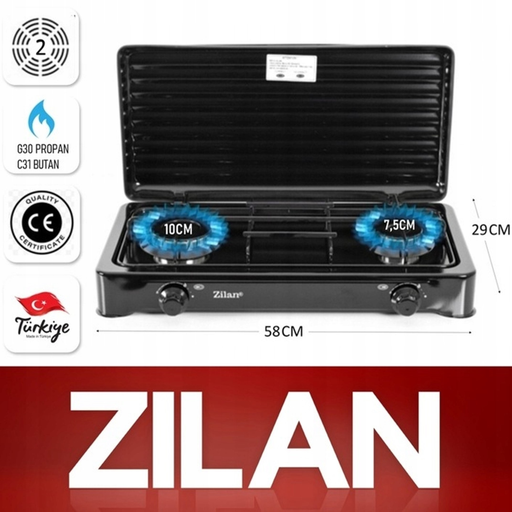 Czarna kuchenka gazowa Zilan dwupalnikowa z niebieskimi płomieniami i wymiarami.