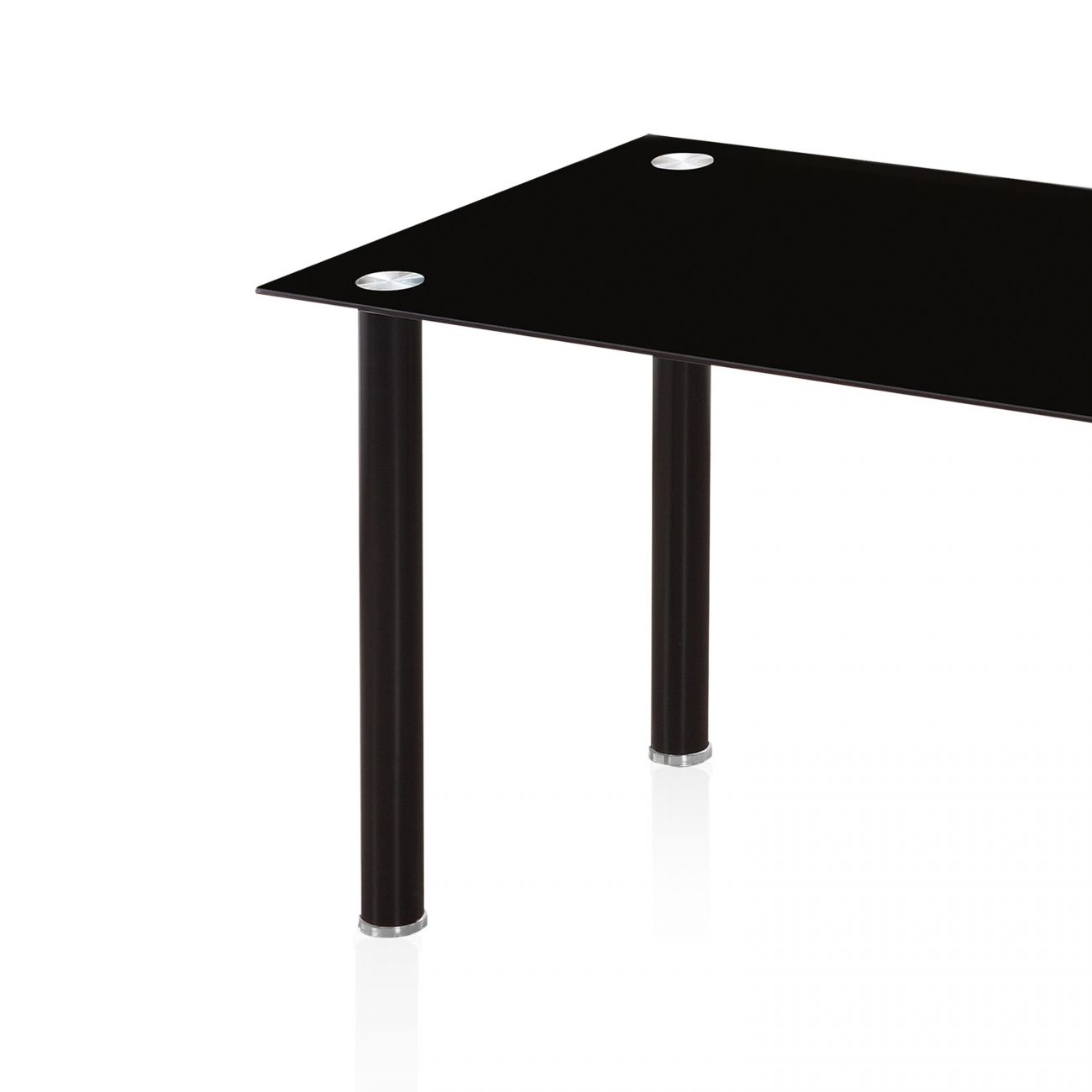 Mesa de cristal negra con patas oscuras sobre fondo blanco.