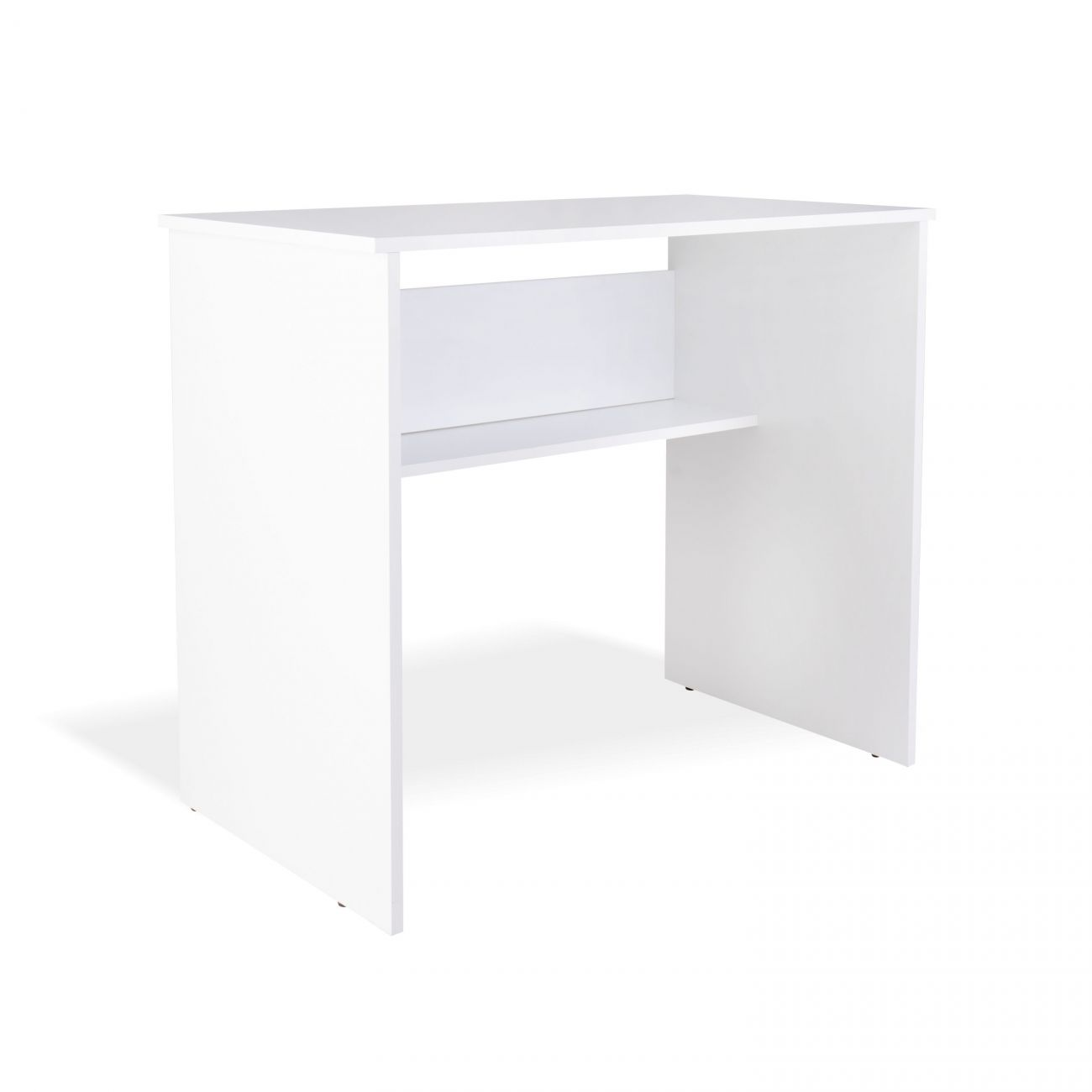 Un escritorio blanco con un compartimento abierto y un estante.