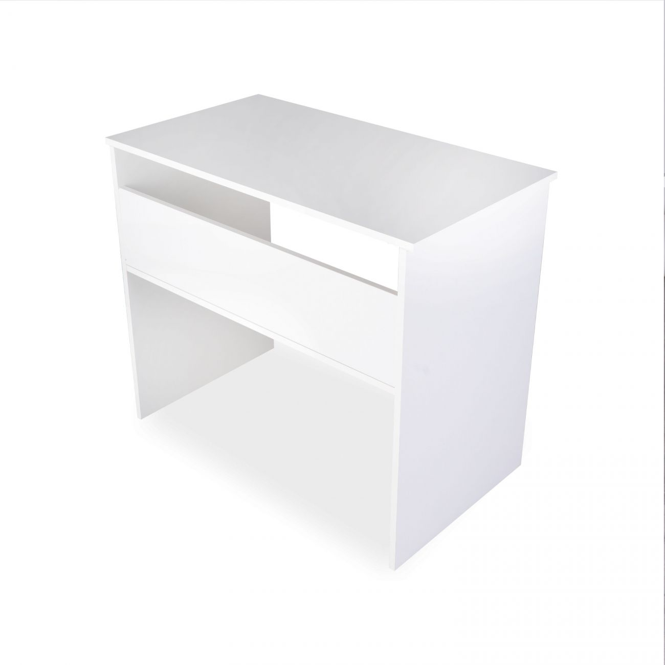 Un escritorio blanco y moderno con estantes abiertos y un cajón. Diseño minimalista.