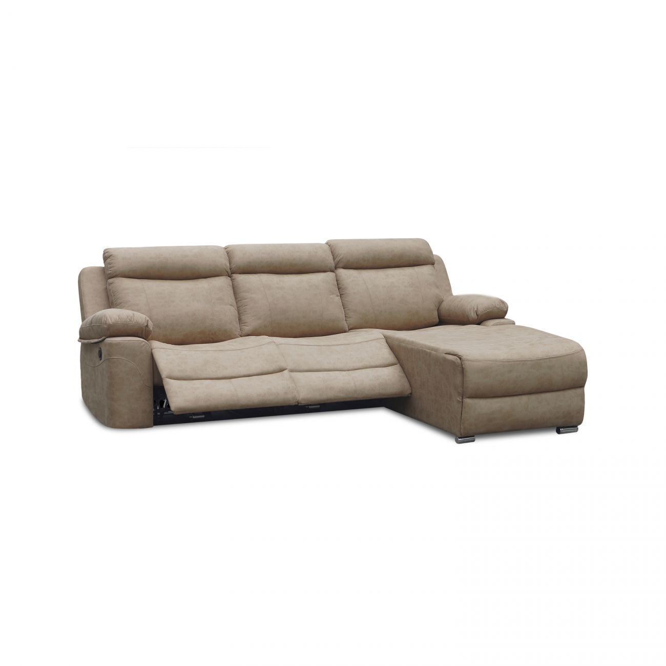 Sofá de tela beige con reclinador y chaise longue.