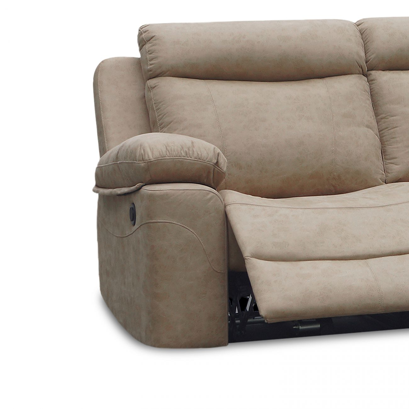 Sofá reclinable beige con reposabrazos y reposacabezas acolchados.
