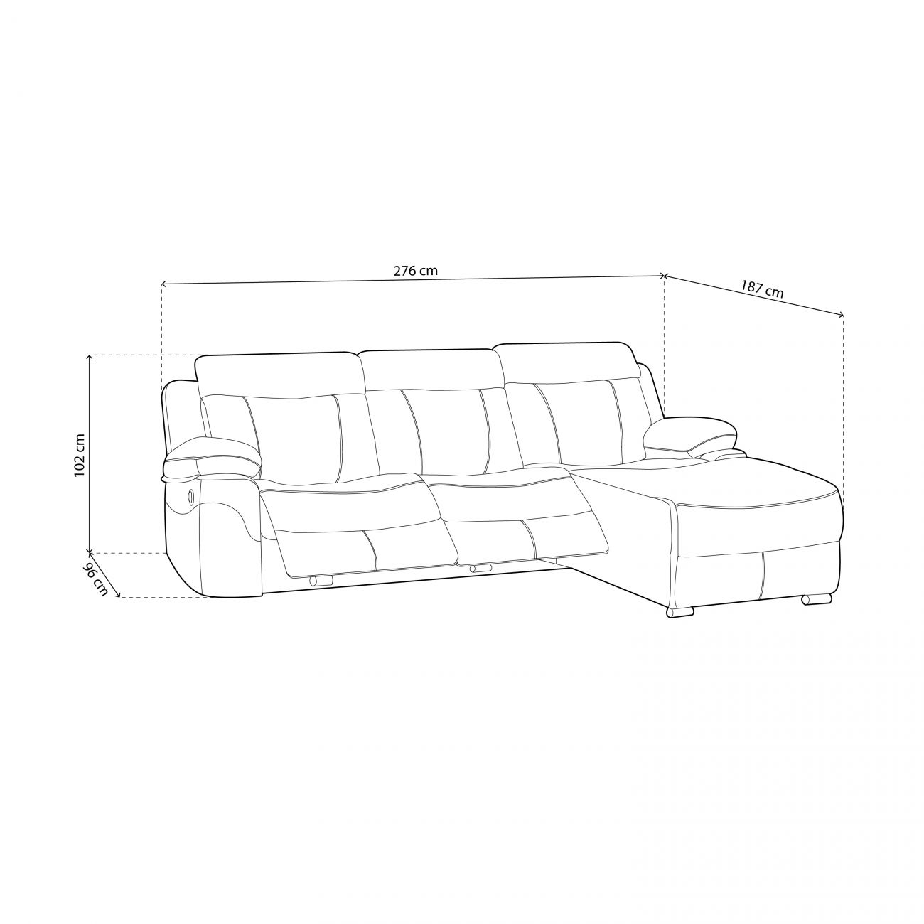 Sofá dimensiones: 276cm L, 187cm P, 102cm A, 96cm altura asiento.