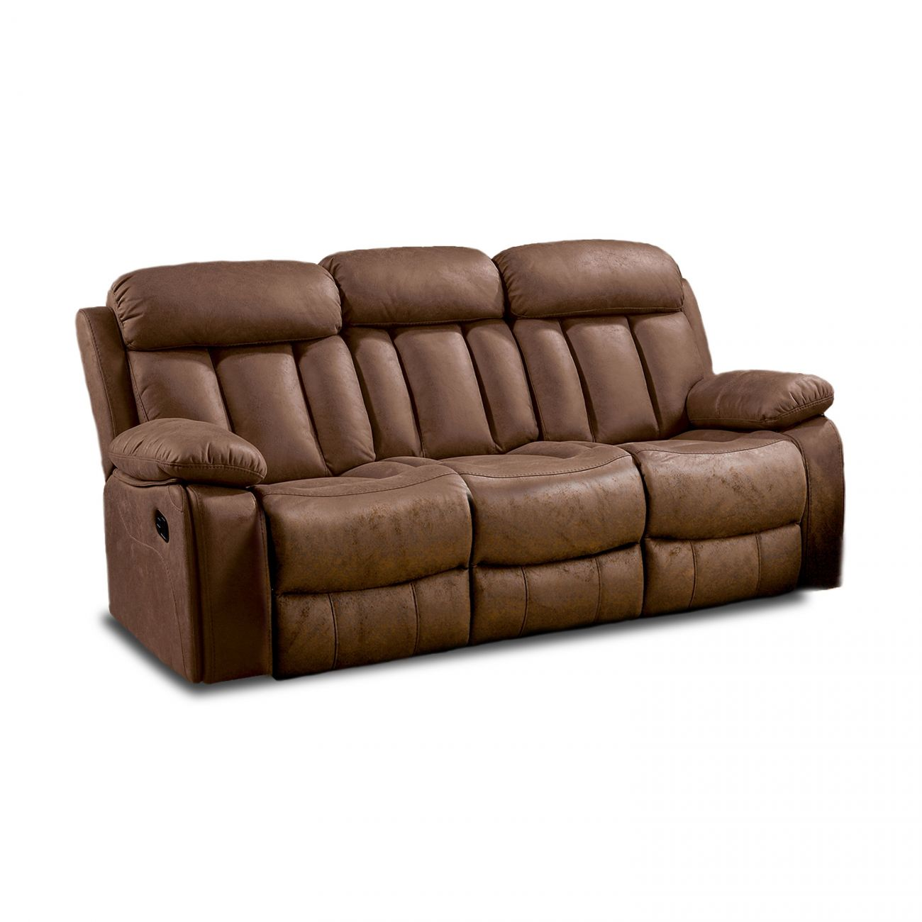 Un sofá reclinable de cuero marrón de tres plazas con cojines.