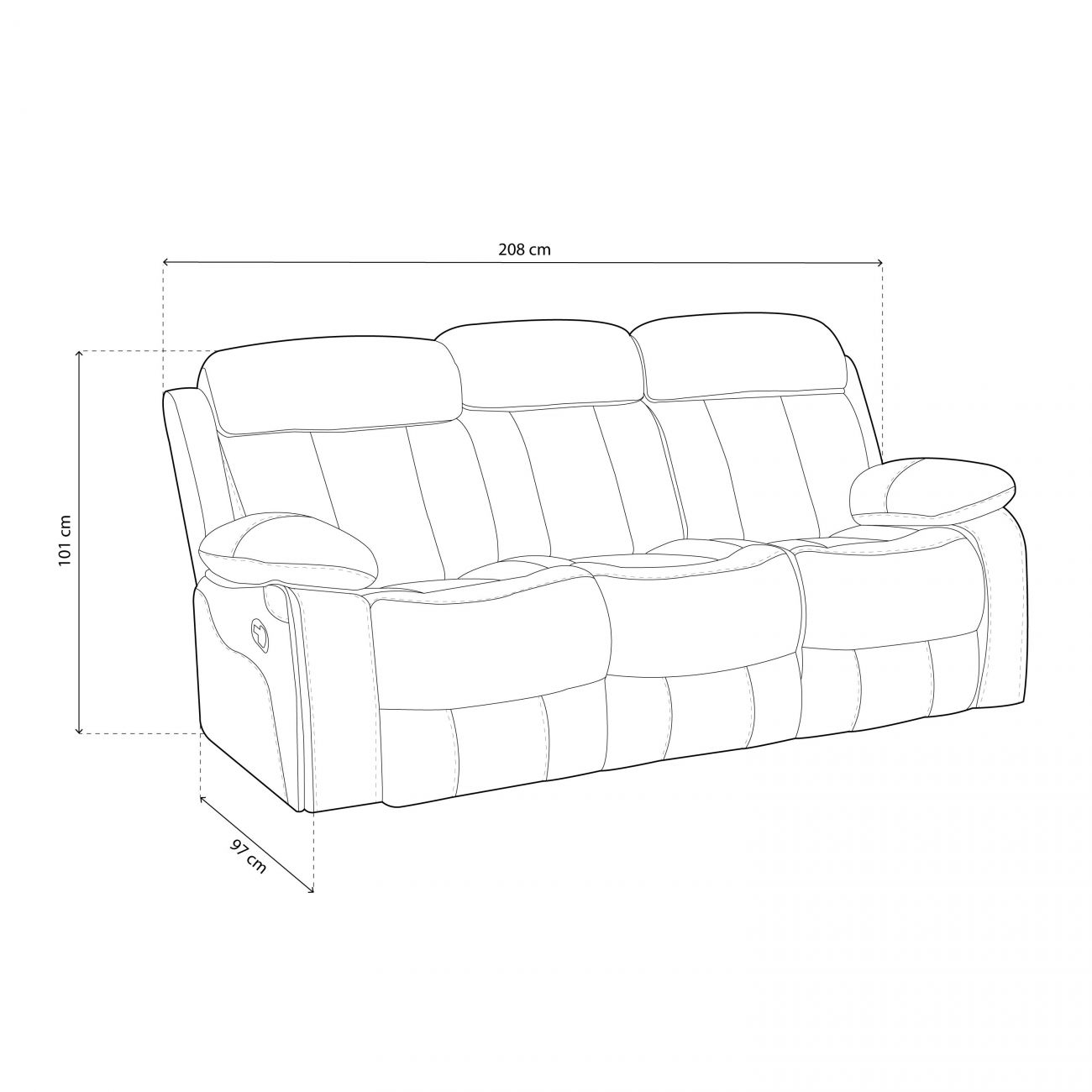 Un sofá de tres plazas con medidas: L 208 cm, A 101 cm, P 97 cm.