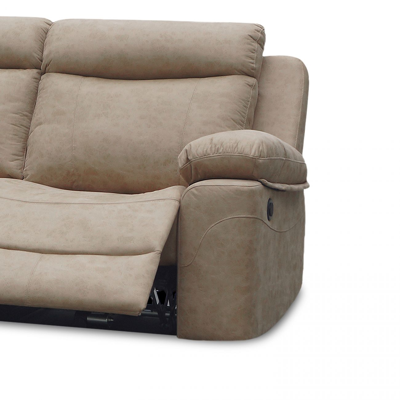 Sofá reclinable beige con reposacabezas, reposabrazos y reposapiés extendido.