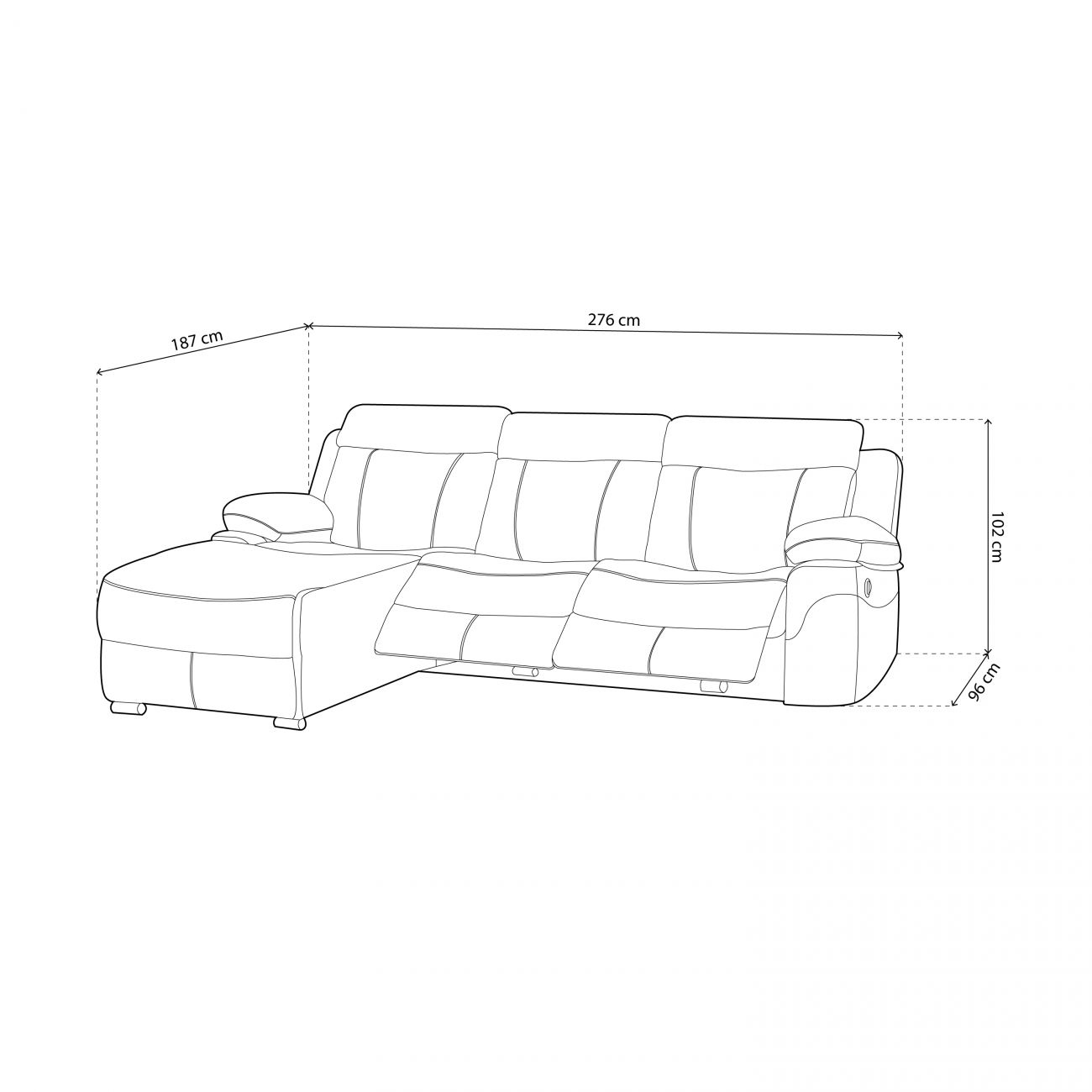 Un dibujo lineal de un sofá de tres plazas con chaise longue y dimensiones.