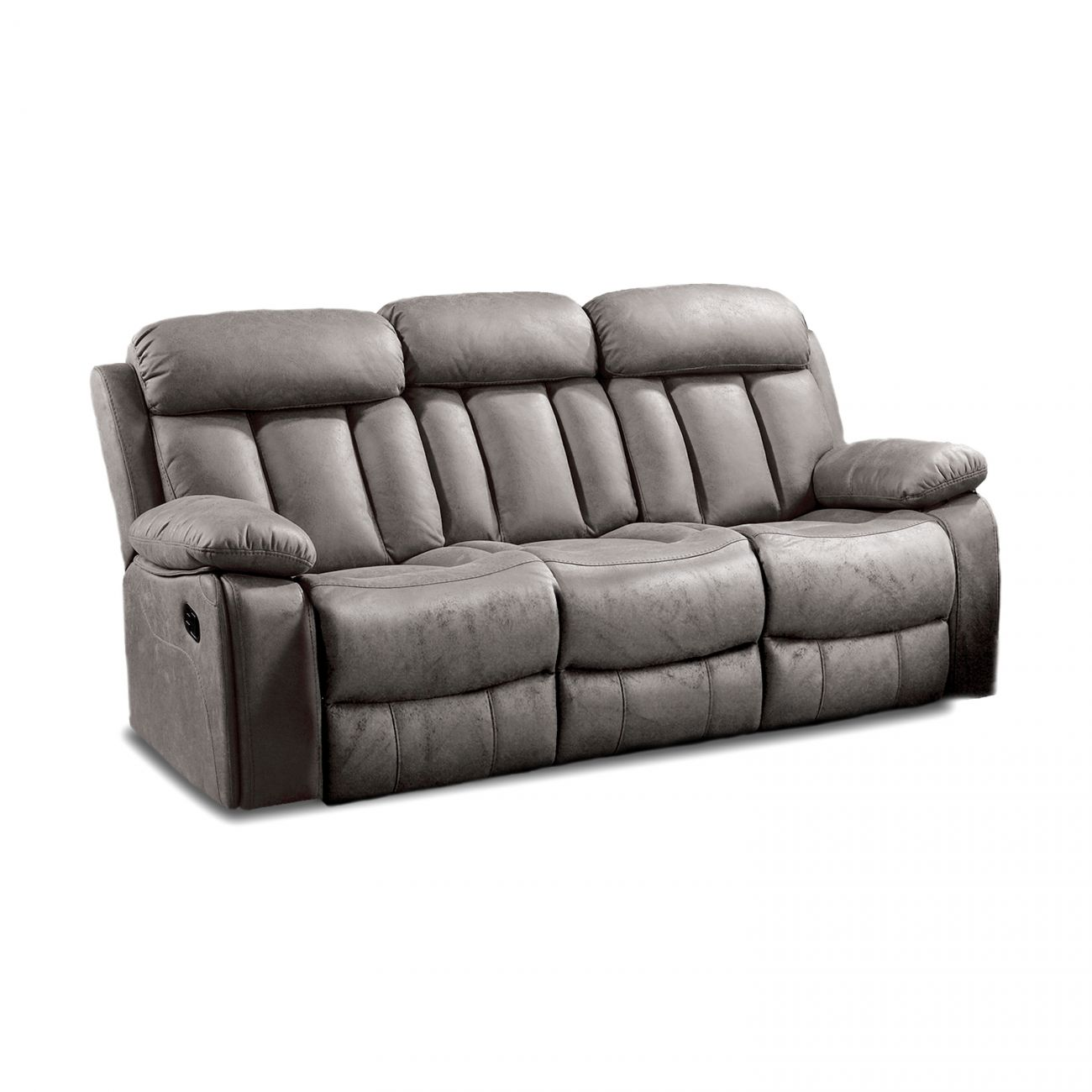 Sofá reclinable tapizado gris de tres plazas.