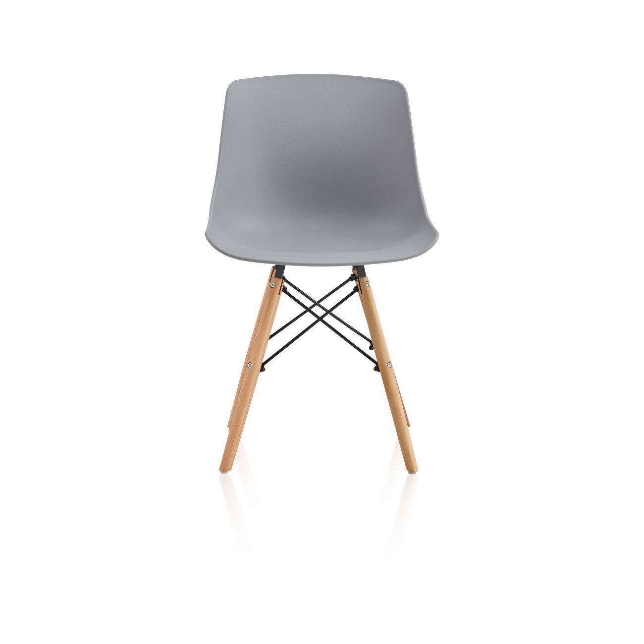 Silla gris con patas de madera y base de cruces negras.