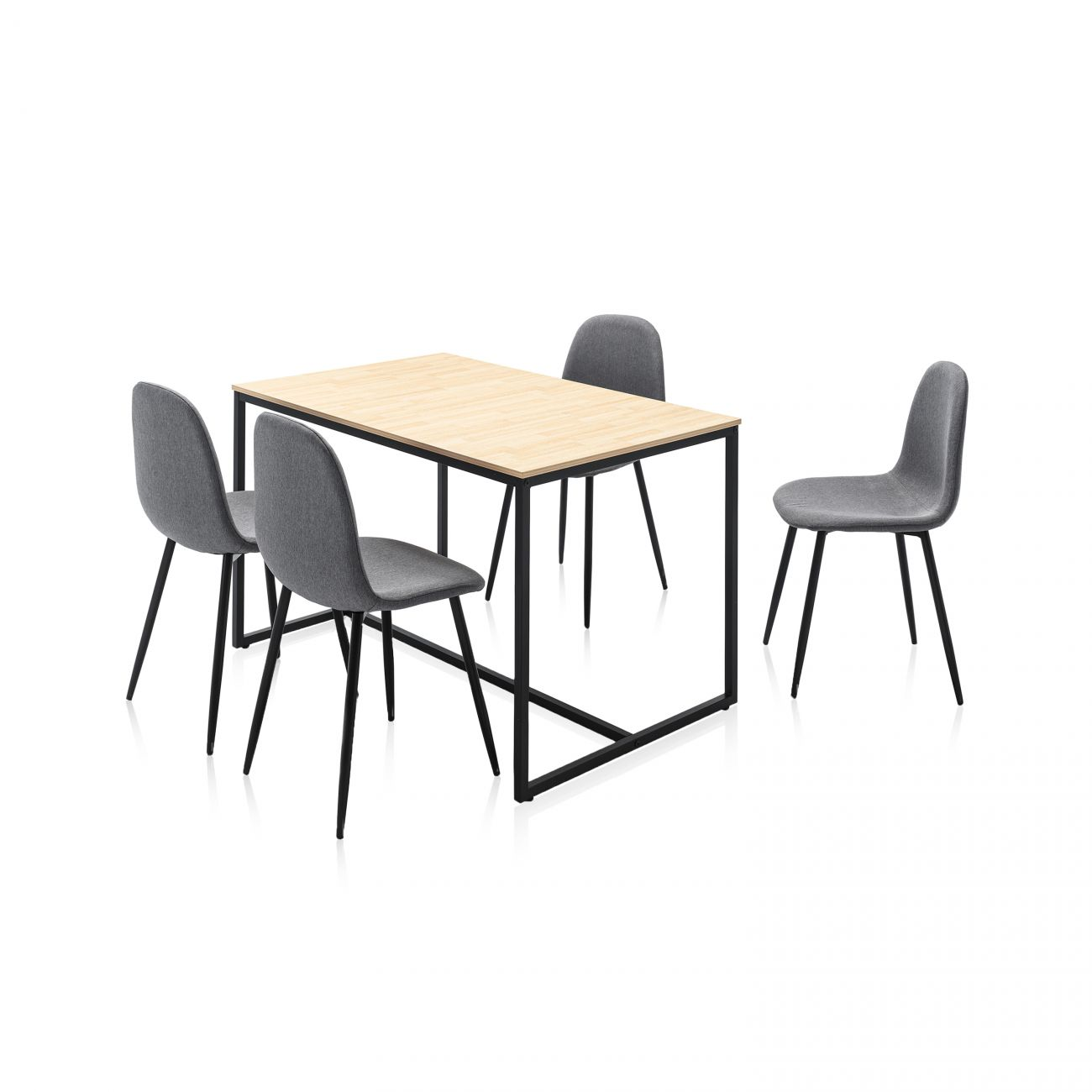 Una mesa rectangular de madera con cuatro sillas grises y patas negras.