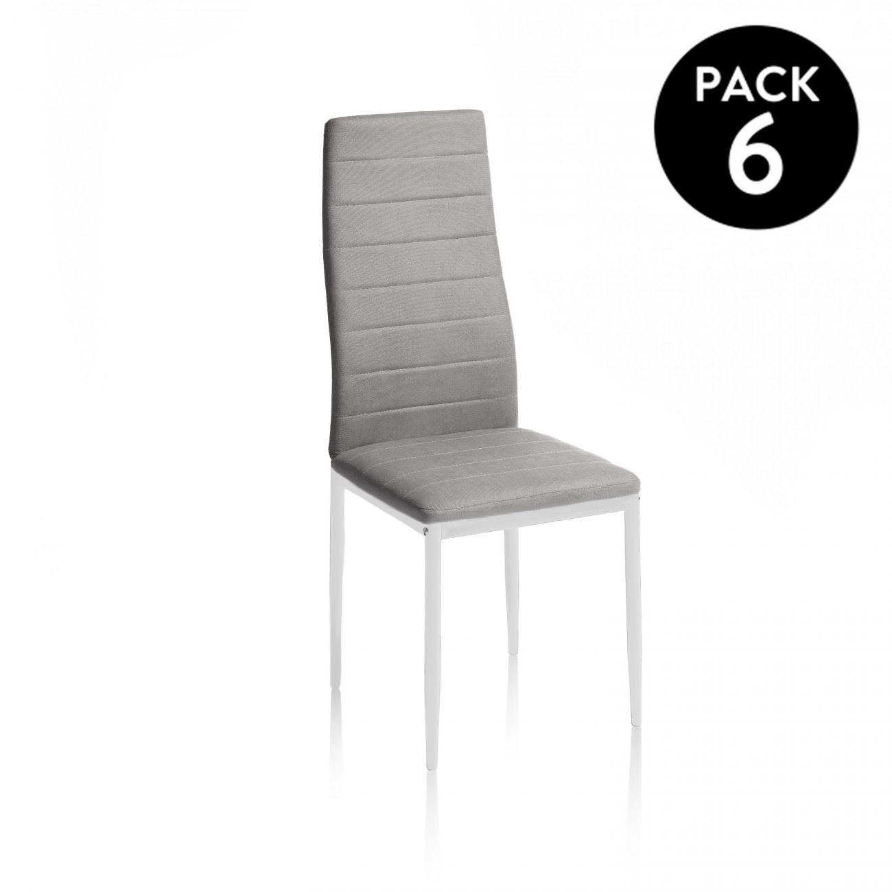 Una sola silla tapizada gris con patas de metal blanco sobre fondo blanco. Pack de 6.
