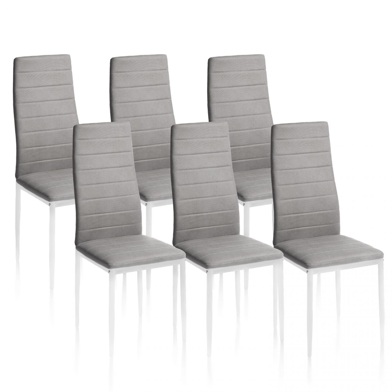 Seis sillas grises de tela con patas de metal blancas sobre fondo blanco.