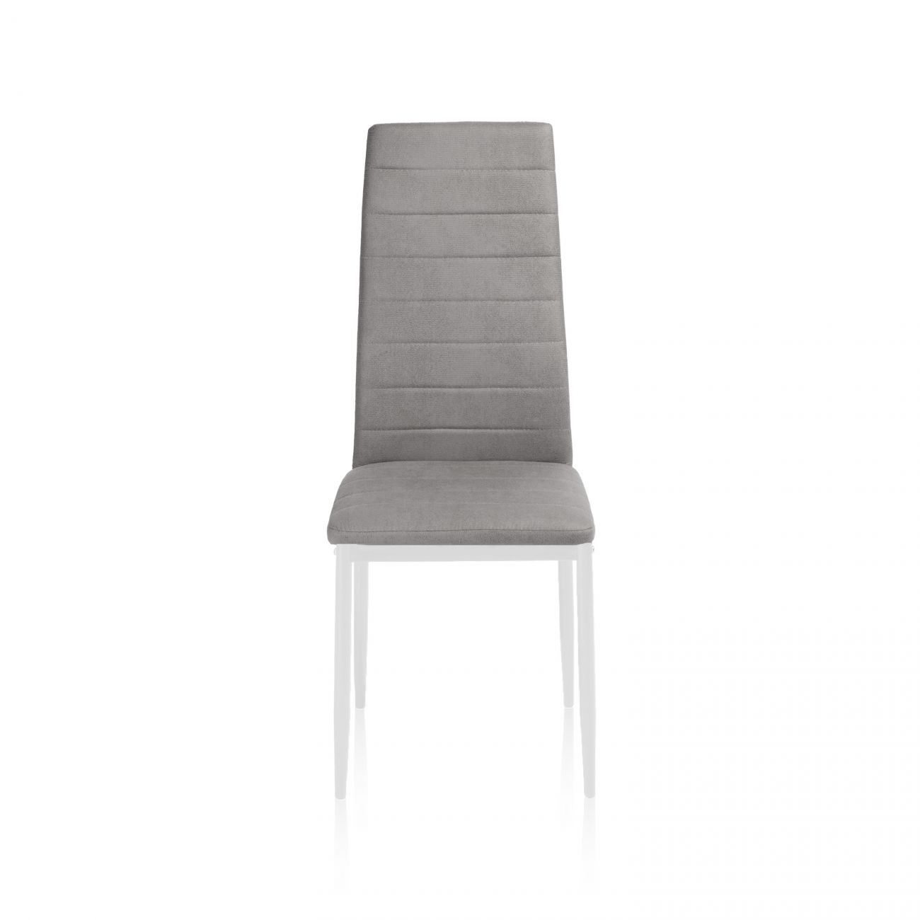 Una silla tapizada gris con patas blancas sobre fondo blanco.
