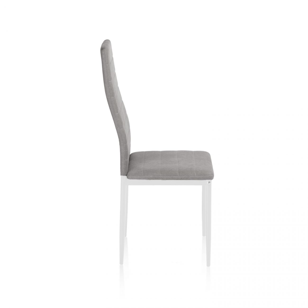 Silla de tela gris con patas blancas, vista de lado.