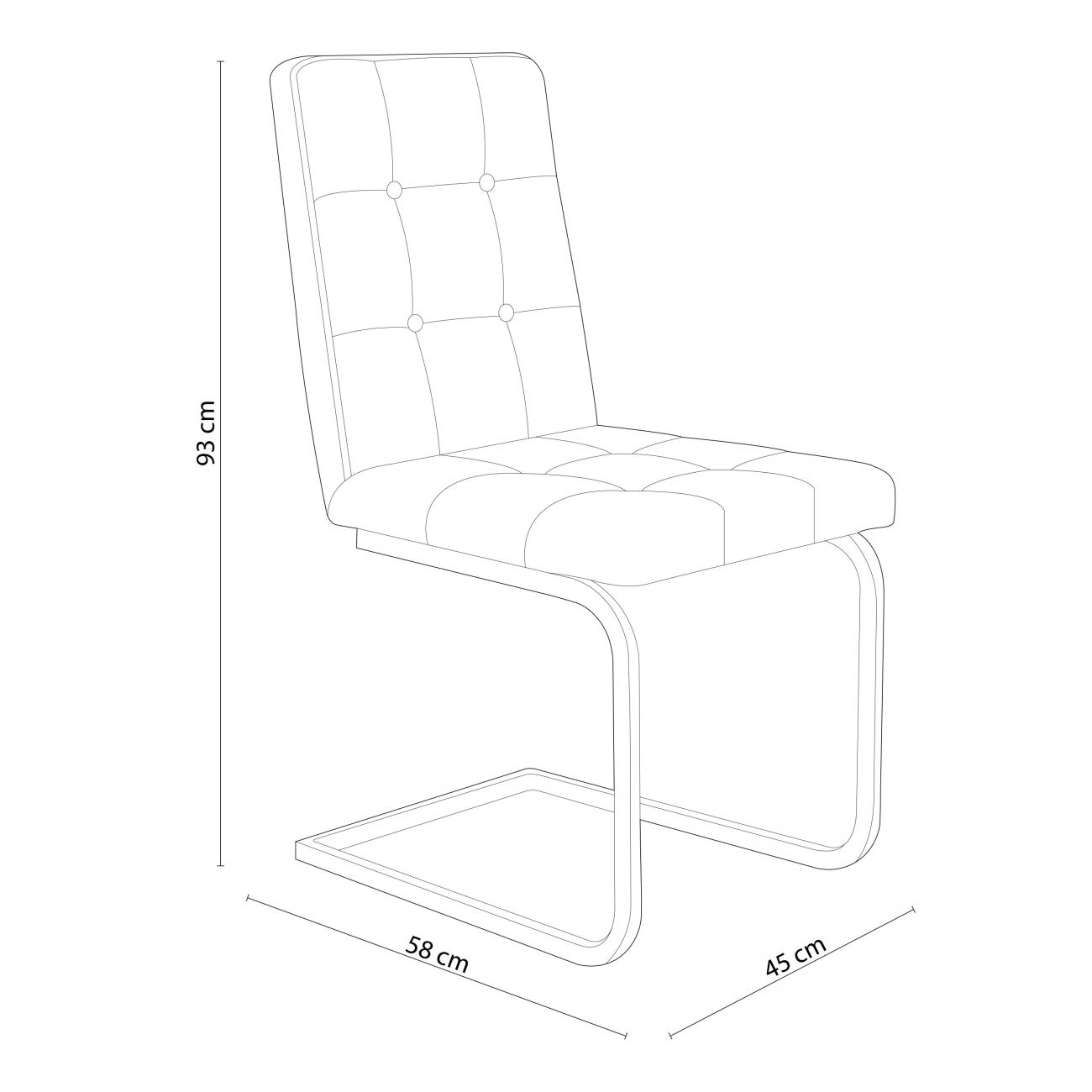 Una silla con respaldo y asiento acolchados sobre base metálica. Se muestran las dimensiones.