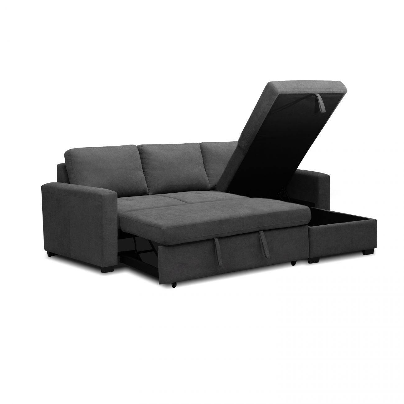 Sofá seccional gris oscuro con cama extraíble y compartimento de almacenaje.