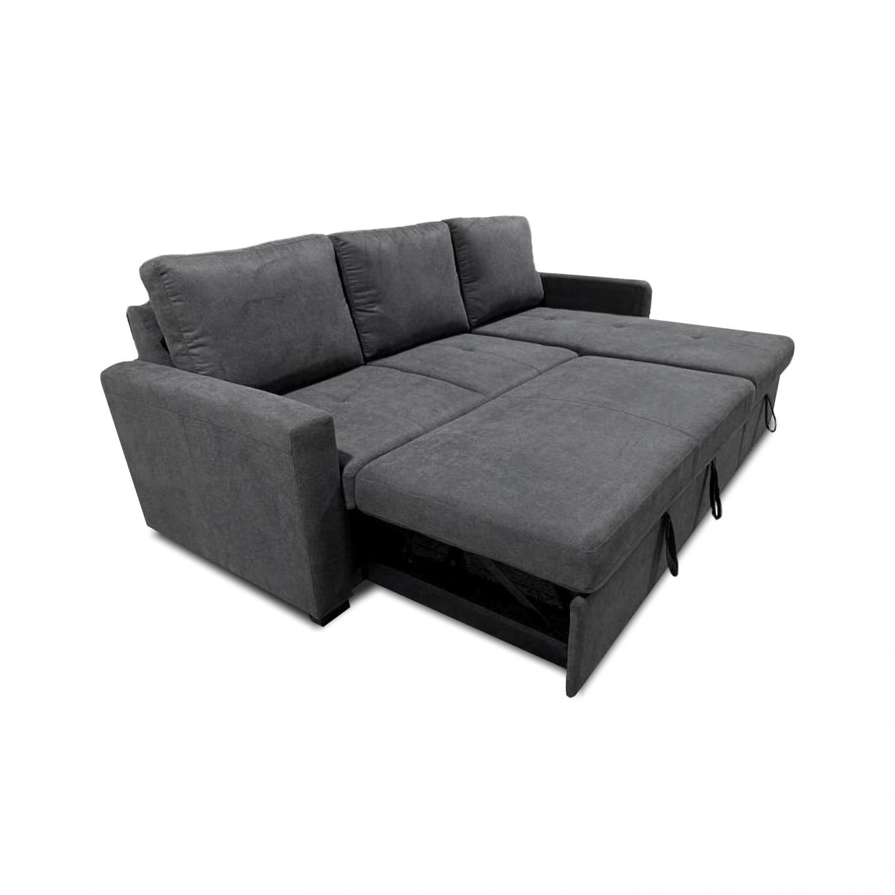 Un sofá cama gris con sección extraíble y almacenamiento, sobre fondo blanco.