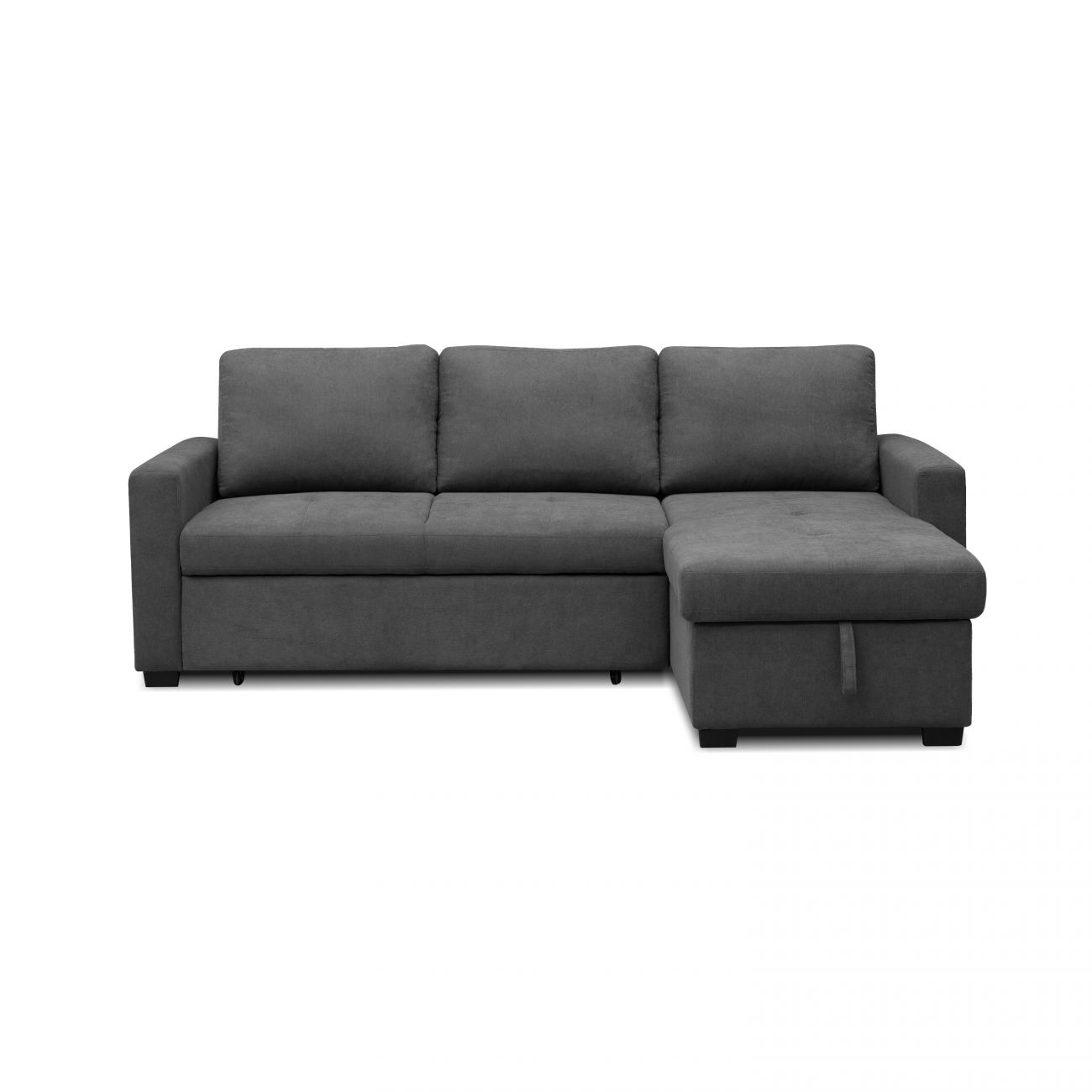 Un sofá seccional gris oscuro con chaise longue y compartimento de almacenaje.