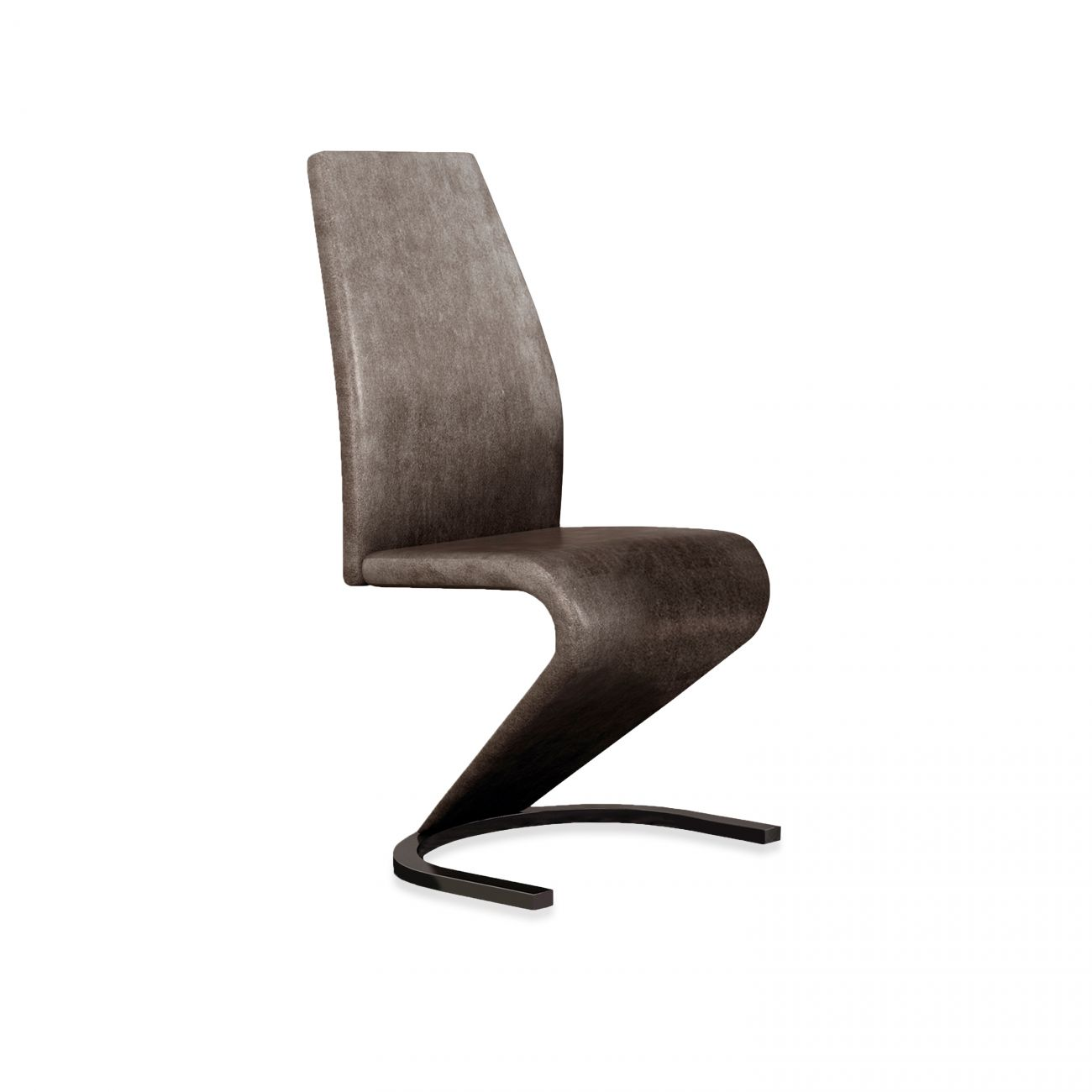 Un sillón moderno marrón de forma curva con base metálica.