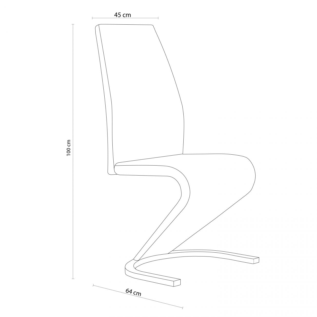 Un dibujo lineal de una silla moderna con respaldo y base curvos, mostrando dimensiones.