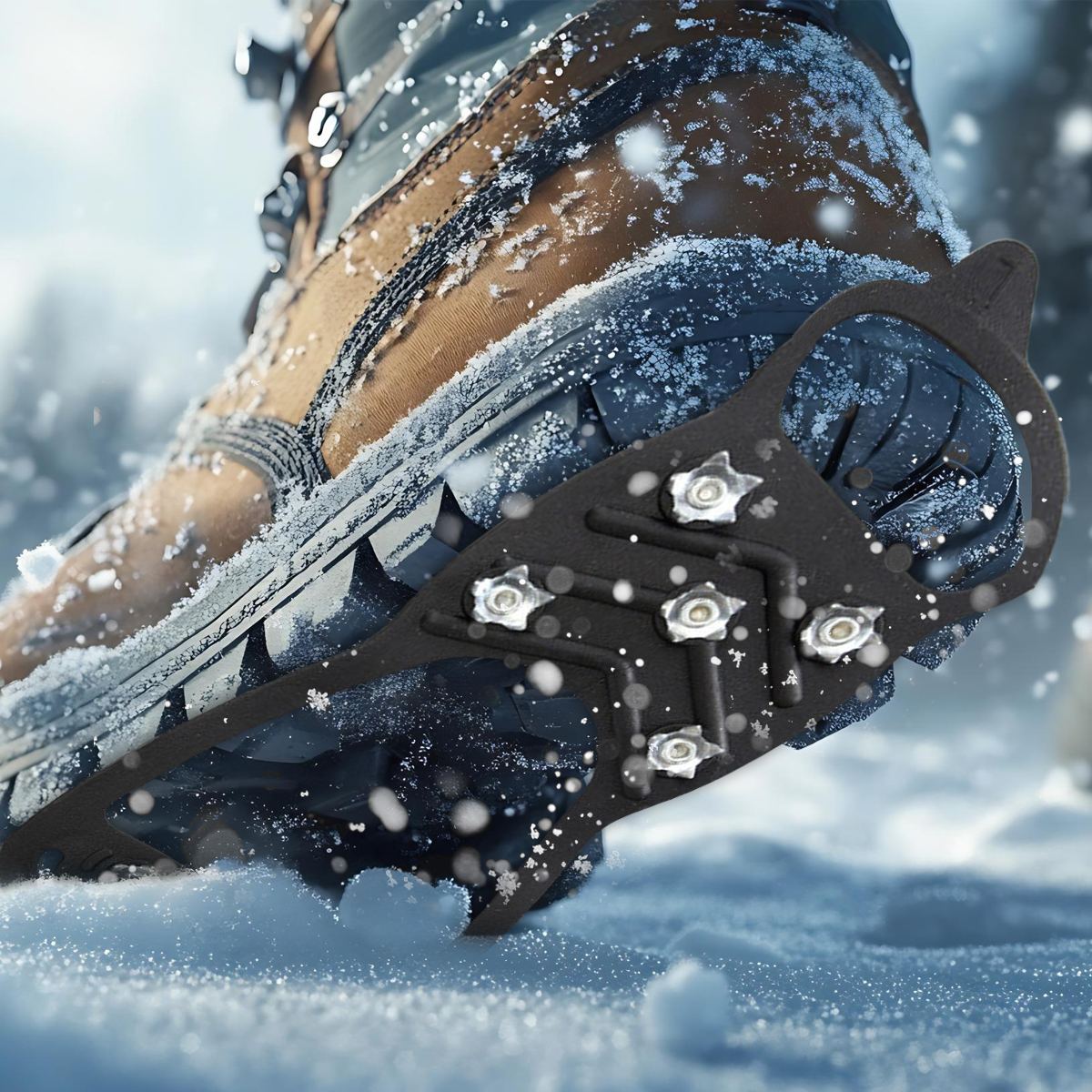 Brązowy but trekkingowy z kolcami na lód i śnieg. Zbliżenie.