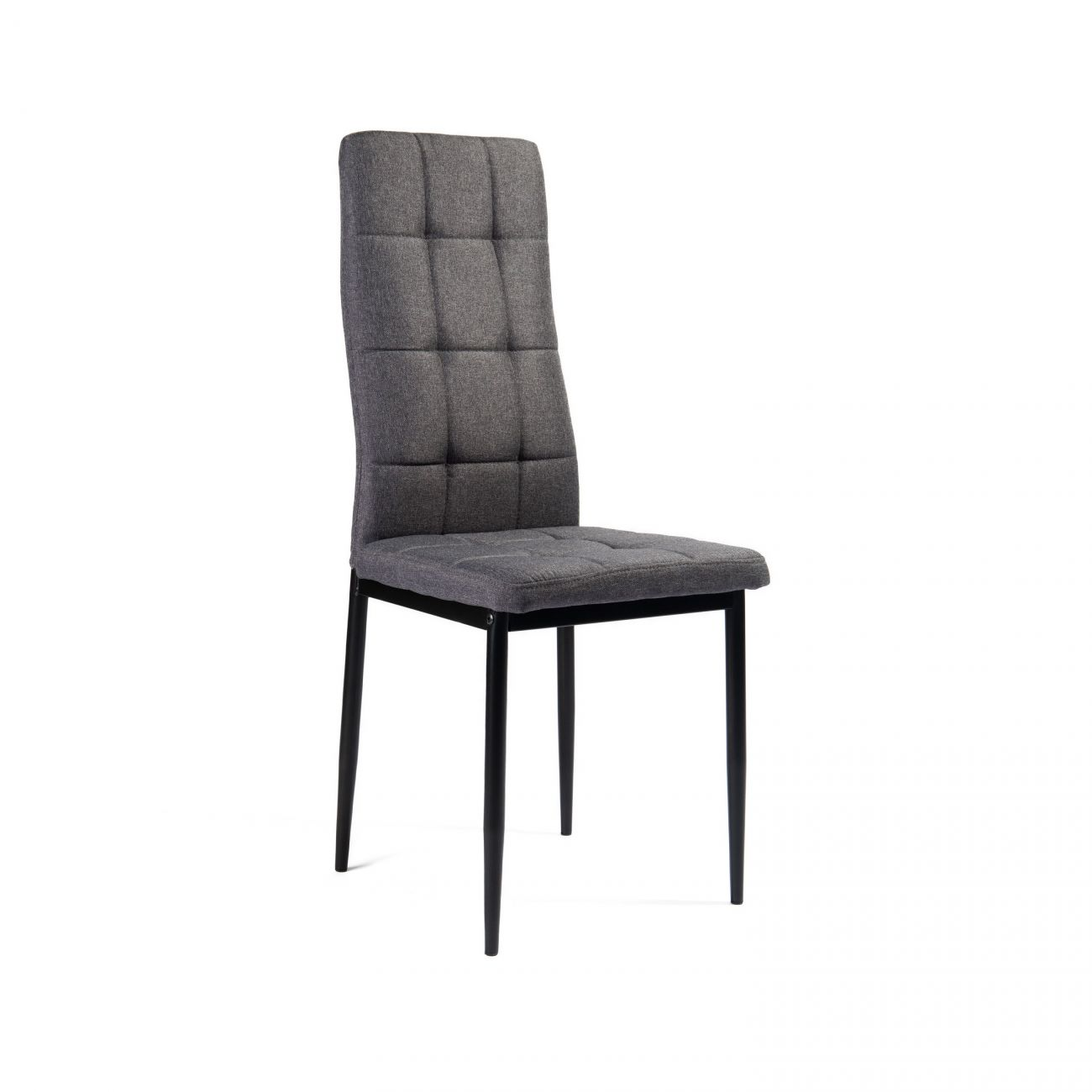 Una silla tapizada gris con respaldo acolchado y patas negras.