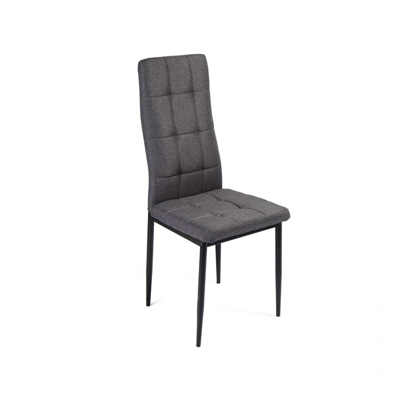Silla de tela gris con respaldo y asiento acolchados sobre patas negras.