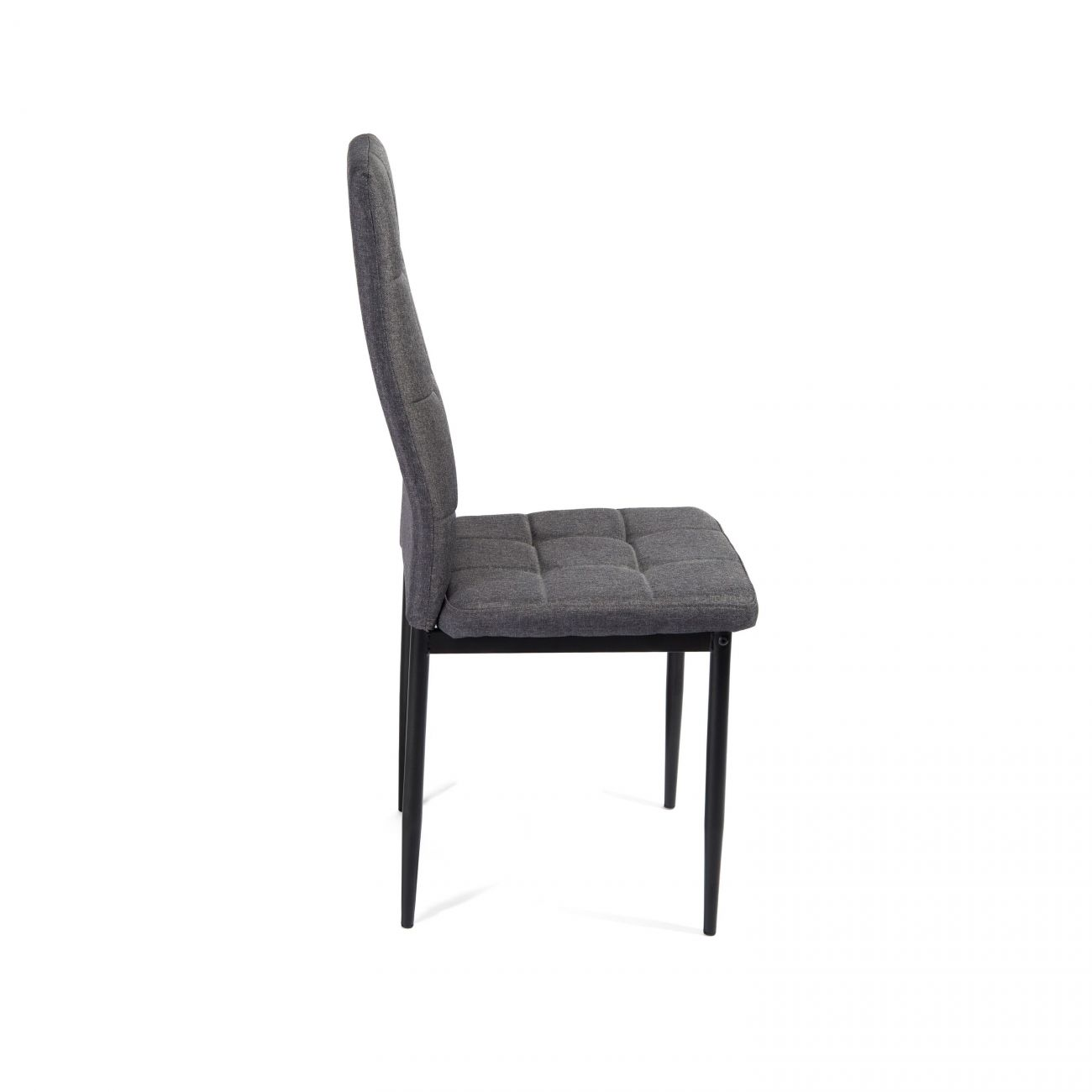 Silla gris acolchada con patas negras, vista de lado.