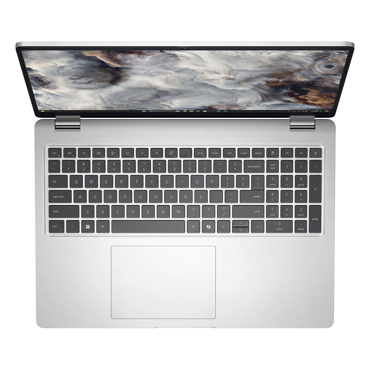 Otwarty srebrny laptop z tapetą z abstrakcyjnym wzorem na ekranie.