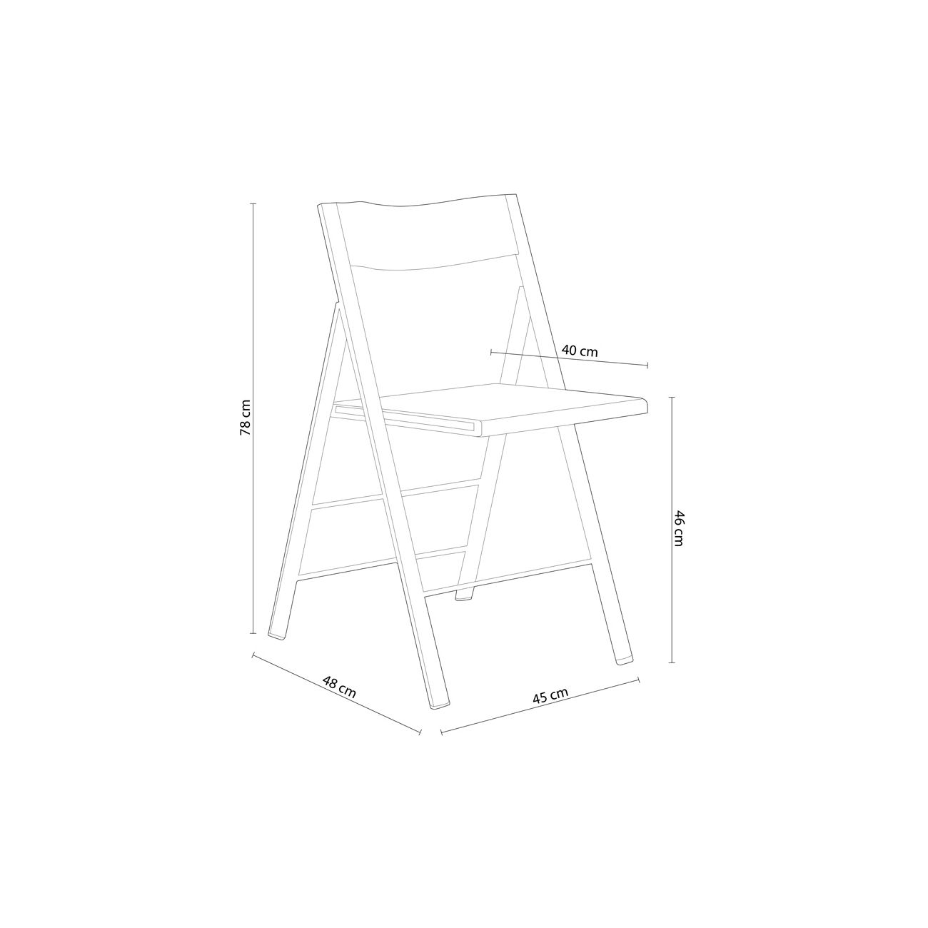 Un simple dibujo lineal de una silla plegable con dimensiones.
