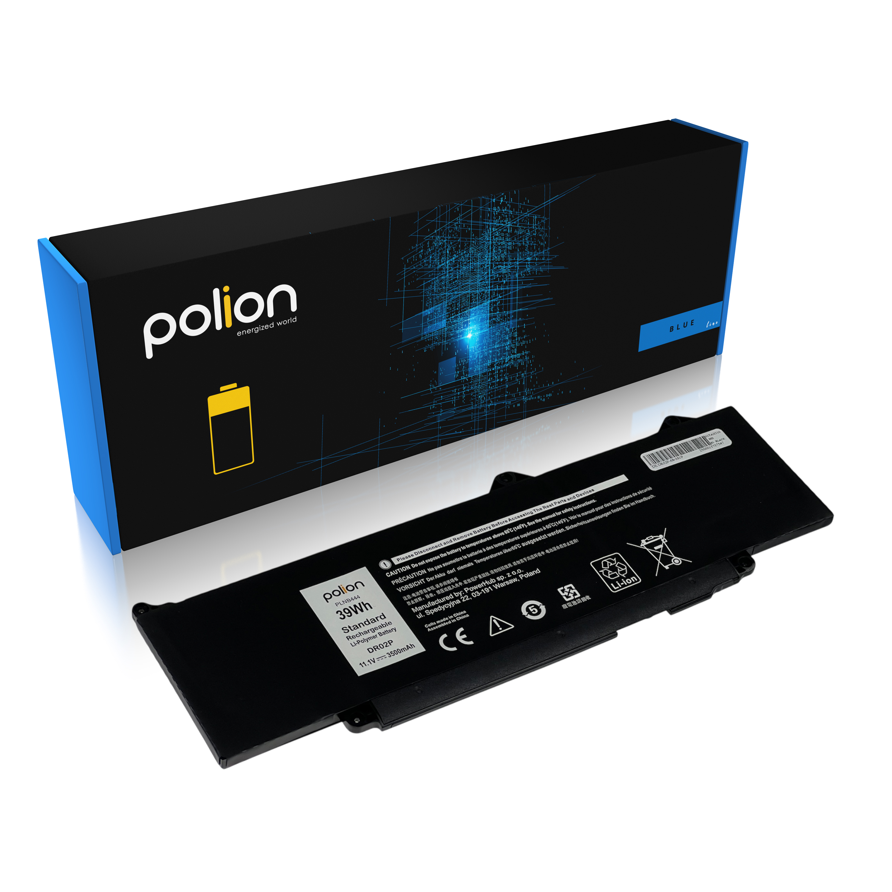 Czarna bateria do laptopa leży przed niebiesko-czarnym pudełkiem ze wzorami cyfrowymi.