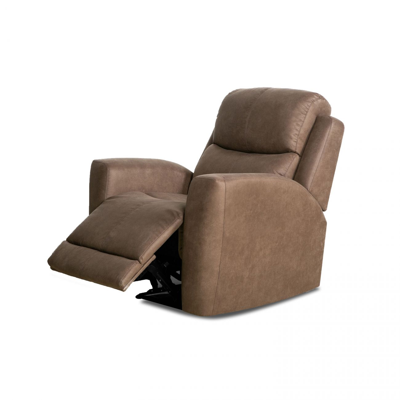 Un sillón reclinable marrón con reposapiés extendido sobre fondo blanco.