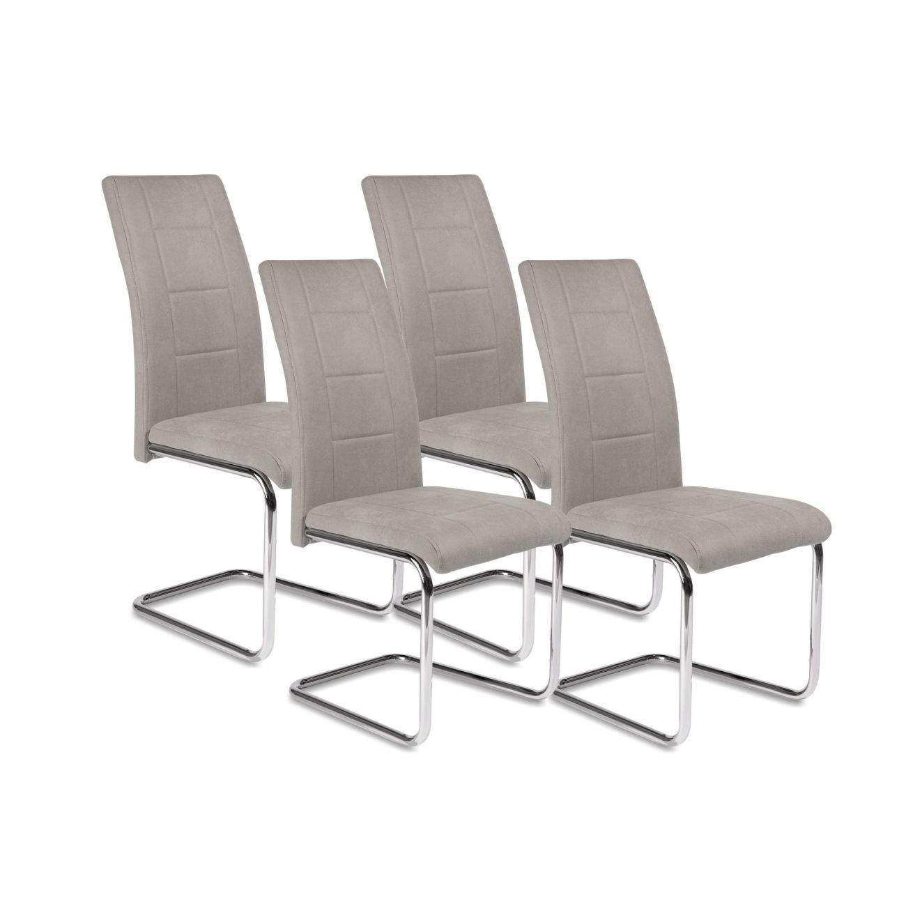Cuatro sillas de comedor grises con patas cromadas.