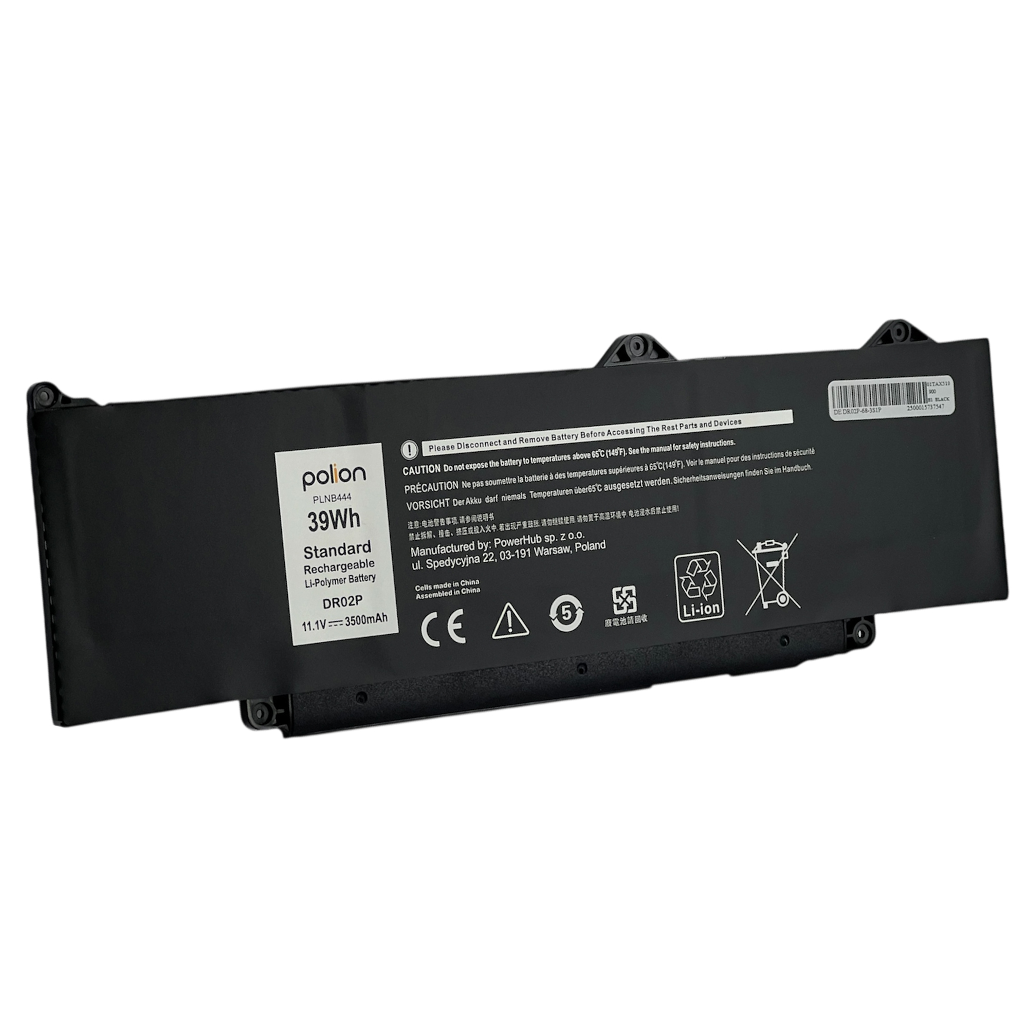 Czarna bateria do laptopa Polion, 39Wh, model DR02P, z ostrzeżeniami.