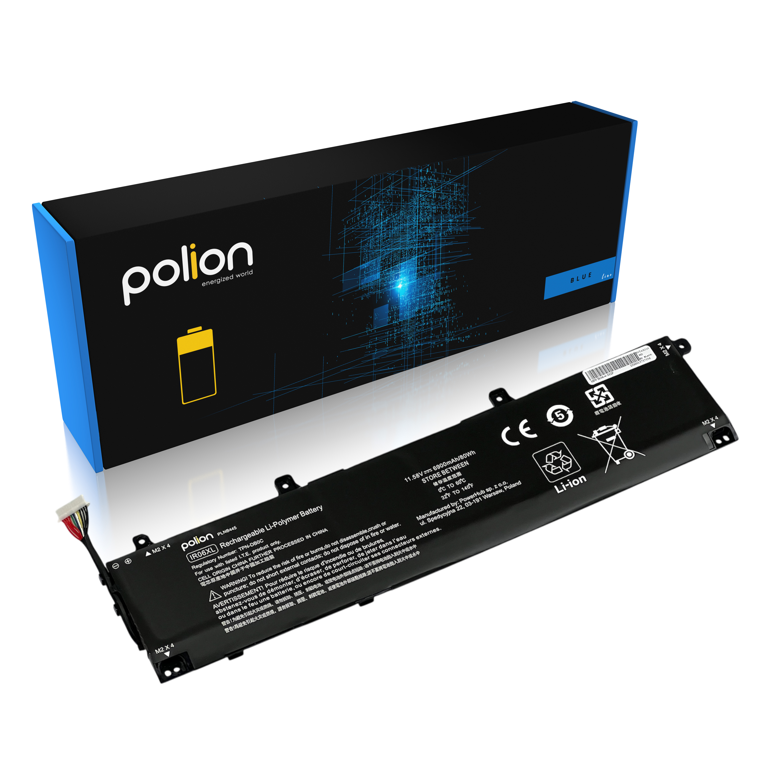 Czarna bateria do laptopa z niebieskim opakowaniem, pokazująca markę i specyfikacje.