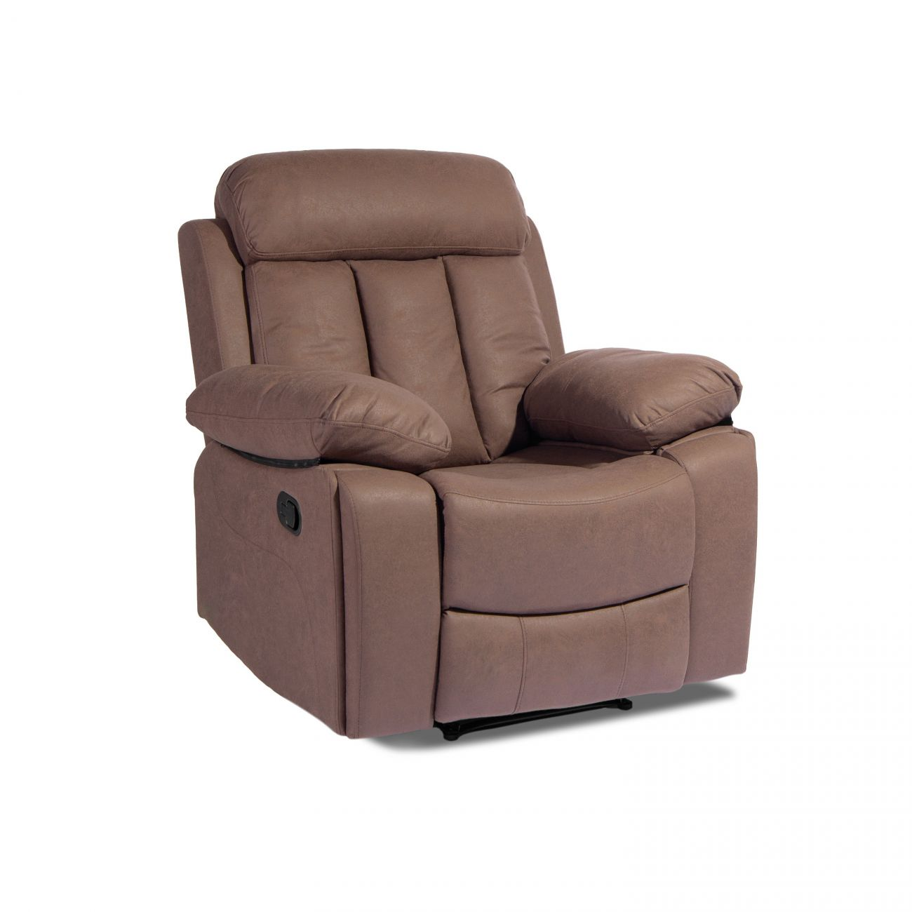 Un sillón reclinable marrón con brazos y reposacabezas acolchados.