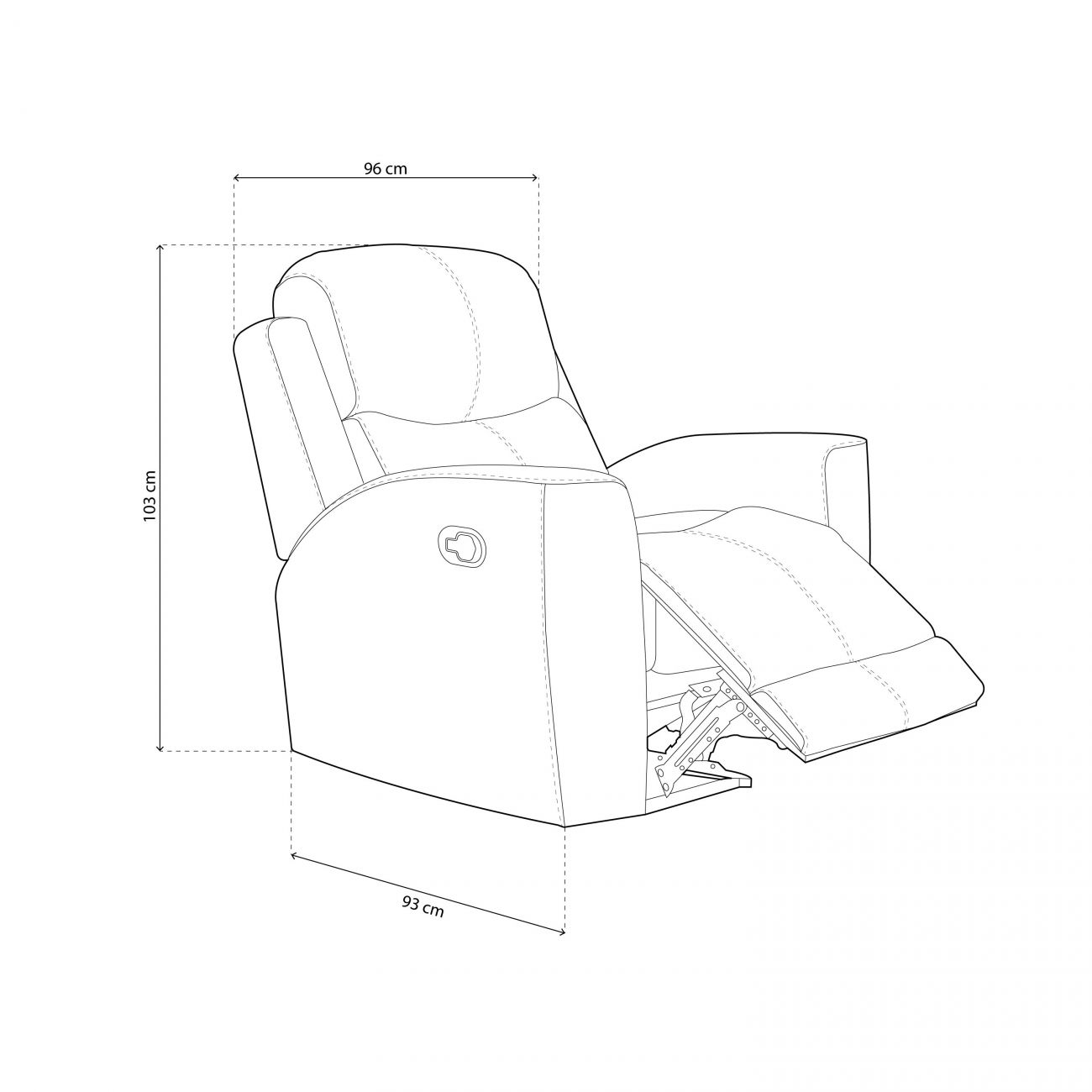 Dibujo lineal de un sillón reclinable con dimensiones: 96 cm ancho, 103 cm alto, 93 cm prof.