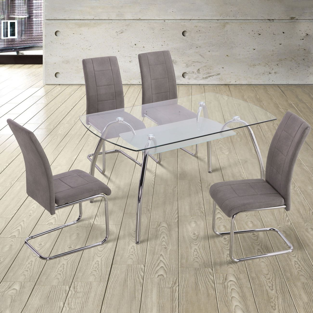 Una mesa de cristal con cuatro sillas grises en suelo de madera.