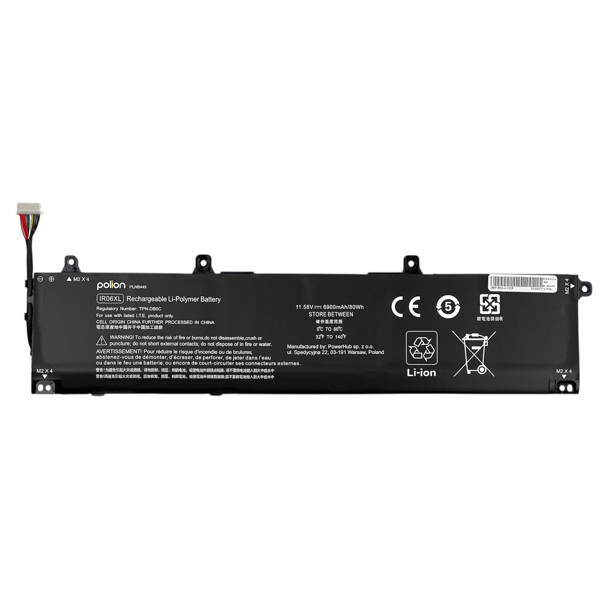 Czarna bateria do laptopa z kablem i etykietami: Polion, Li-Polimer, znak CE.