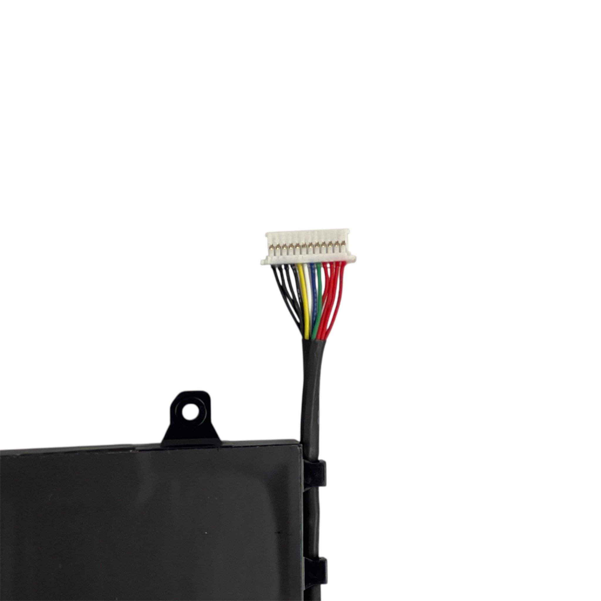 Czarne urządzenie z wiązką przewodów: białe złącze, czerwone, zielone, żółte, czarne przewody.